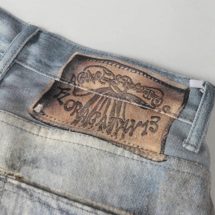 TALKLESSFASHION AC Feng Gao Street Old Jeans Heavy Work Washing Hand Destroyed Raw Edge Men and Women Vintage Scimitar Loose Pants