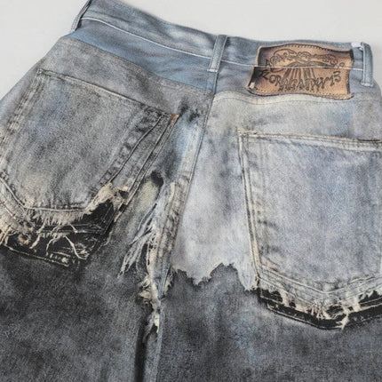 TALKLESSFASHION AC Feng Gao Street Old Jeans Heavy Work Washing Hand Destroyed Raw Edge Men and Women Vintage Scimitar Loose Pants
