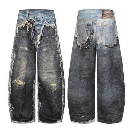 TALKLESSFASHION AC Feng Gao Street Old Jeans Heavy Work Washing Hand Destroyed Raw Edge Men and Women Vintage Scimitar Loose Pants