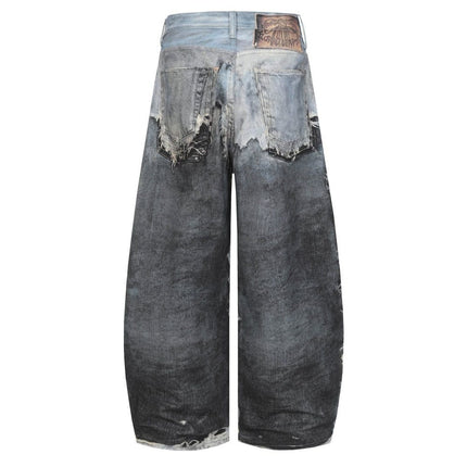 TALKLESSFASHION AC Feng Gao Street Old Jeans Heavy Work Washing Hand Destroyed Raw Edge Men and Women Vintage Scimitar Loose Pants
