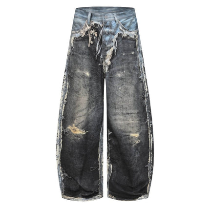 TALKLESSFASHION AC Feng Gao Street Old Jeans Heavy Work Washing Hand Destroyed Raw Edge Men and Women Vintage Scimitar Loose Pants