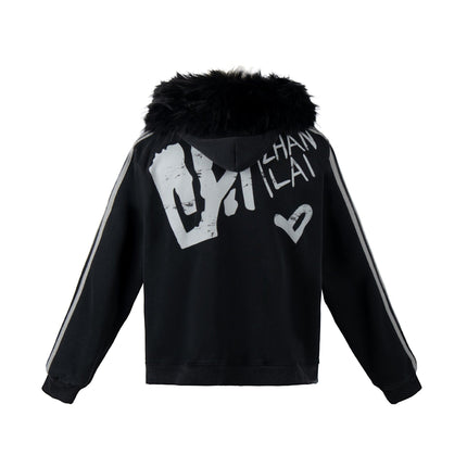 TALKLESSFASHION American fur collar detachable hooded fleece sweatshirt for women 2025 winter loose tie-dye distressed cardigan jacket for men