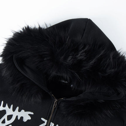 TALKLESSFASHION American fur collar detachable hooded fleece sweatshirt for women 2025 winter loose tie-dye distressed cardigan jacket for men