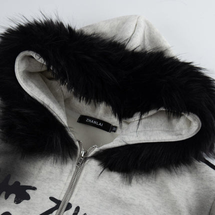 TALKLESSFASHION American fur collar detachable hooded fleece sweatshirt for women 2025 winter loose tie-dye distressed cardigan jacket for men