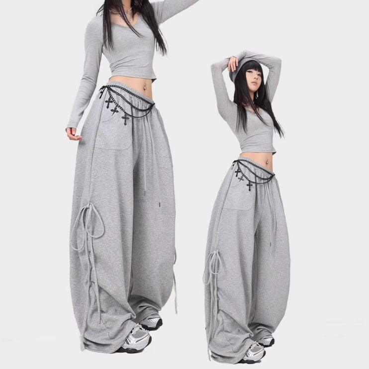 TALKLESSFASHION American lazy and loose streamer strappy gray sweatpants hot girl jazz dance hip hop loose straight scimitar pants