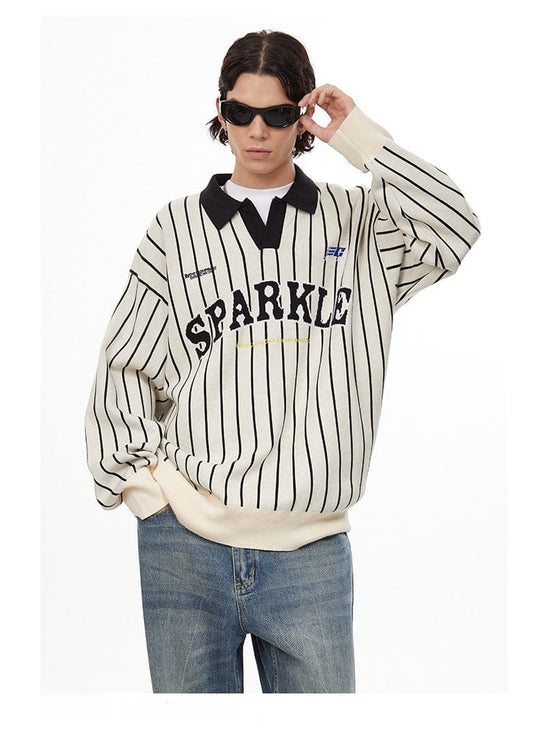 TALKLESSFASHION American retro polo collar striped sweater —-7087