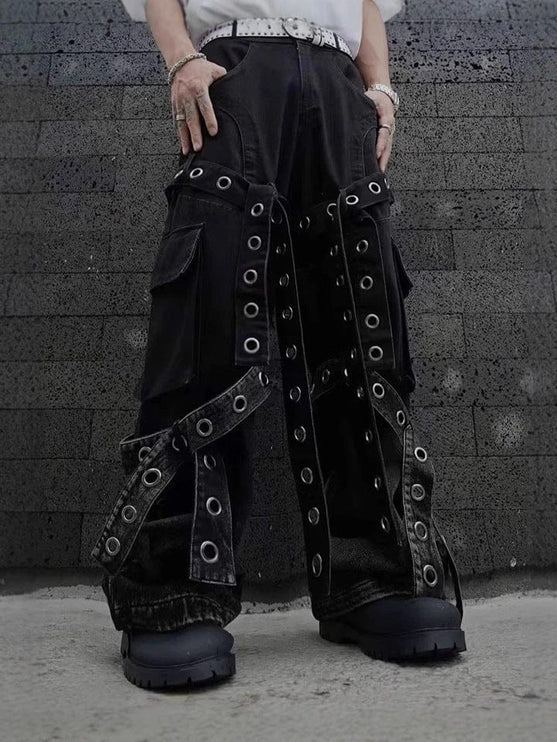 TALKLESSFASHION American street retro heavy industry design sense pleated workwear hardware decoration loose drape jeans for men and women