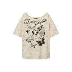 TALKLESSFASHION American Sweet Cool Butterfly Off-the-Shoulder Short Sleeve T-Shirt Women's 2025 Summer Lazy Style Hot Girl Loose Casual Slanted Shoulder Top