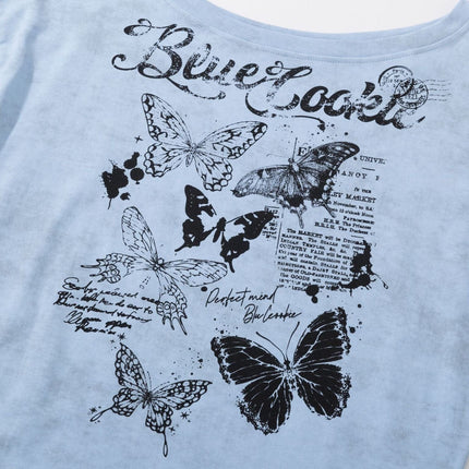 TALKLESSFASHION American Sweet Cool Butterfly Off-the-Shoulder Short Sleeve T-Shirt Women's 2025 Summer Lazy Style Hot Girl Loose Casual Slanted Shoulder Top