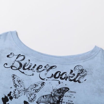 TALKLESSFASHION American Sweet Cool Butterfly Off-the-Shoulder Short Sleeve T-Shirt Women's 2025 Summer Lazy Style Hot Girl Loose Casual Slanted Shoulder Top