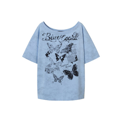 TALKLESSFASHION American Sweet Cool Butterfly Off-the-Shoulder Short Sleeve T-Shirt Women's 2025 Summer Lazy Style Hot Girl Loose Casual Slanted Shoulder Top