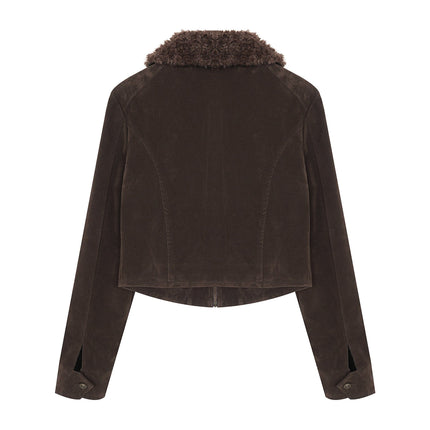 TALKLESSFASHION American vintage nail bead cross fur collar jacket jacket for women 2025 fall loose casual versatile top