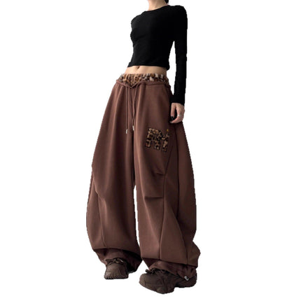 TALKLESSFASHION American vintage plush leopard print embroidered spliced wide-leg casual sweatpants Jazz dance sporty loose scimitar pants