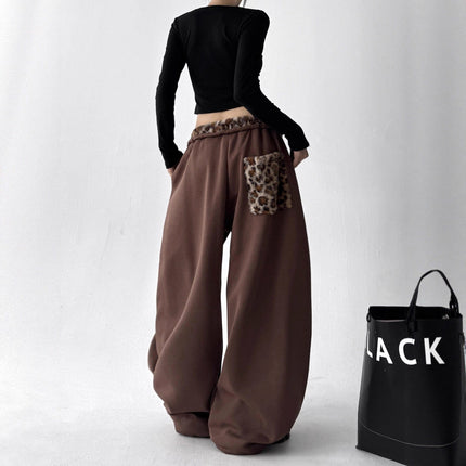 TALKLESSFASHION American vintage plush leopard print embroidered spliced wide-leg casual sweatpants Jazz dance sporty loose scimitar pants