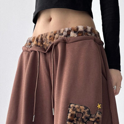TALKLESSFASHION American vintage plush leopard print embroidered spliced wide-leg casual sweatpants Jazz dance sporty loose scimitar pants
