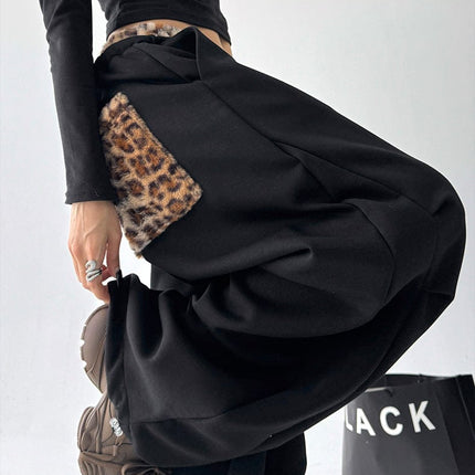 TALKLESSFASHION American vintage plush leopard print embroidered spliced wide-leg casual sweatpants Jazz dance sporty loose scimitar pants