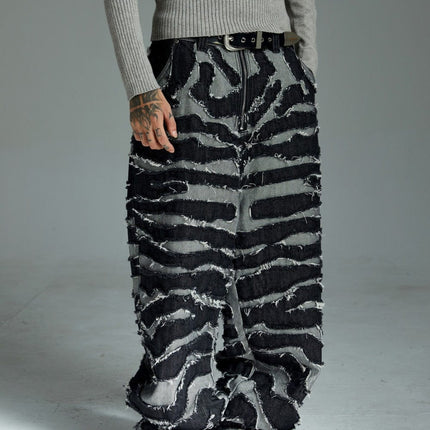 TALKLESSFASHION Autumn 2025 new heavy craft patch embroidered zebra pattern European and American trendy brand denim loose trousers