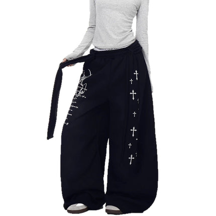TALKLESSFASHION [Belt] Korean lazy style hip-hop letter cross printed women's winter fleece jazz dance scimitar pants