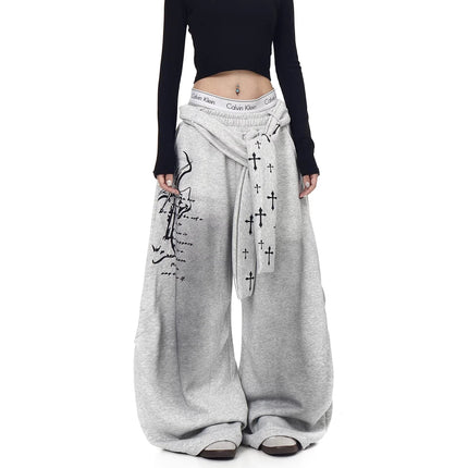 TALKLESSFASHION [Belt] Korean lazy style hip-hop letter cross printed women's winter fleece jazz dance scimitar pants