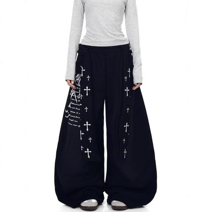 TALKLESSFASHION [Belt] Korean lazy style hip-hop letter cross printed women's winter fleece jazz dance scimitar pants