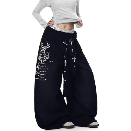 TALKLESSFASHION [Belt] Korean lazy style hip-hop letter cross printed women's winter fleece jazz dance scimitar pants