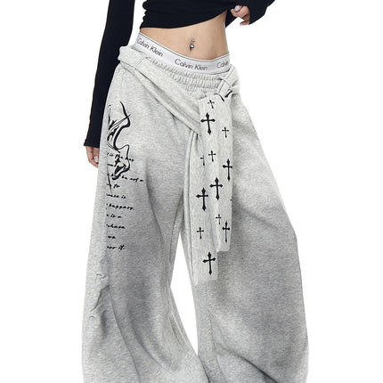 TALKLESSFASHION [Belt] Korean lazy style hip-hop letter cross printed women's winter fleece jazz dance scimitar pants