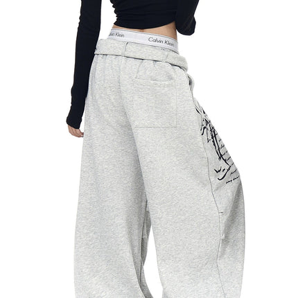 TALKLESSFASHION [Belt] Korean lazy style hip-hop letter cross printed women's winter fleece jazz dance scimitar pants
