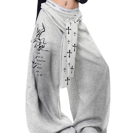 TALKLESSFASHION [Belt] Korean lazy style hip-hop letter cross printed women's winter fleece jazz dance scimitar pants