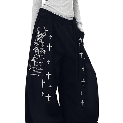 TALKLESSFASHION [Belt] Korean lazy style hip-hop letter cross printed women's winter fleece jazz dance scimitar pants