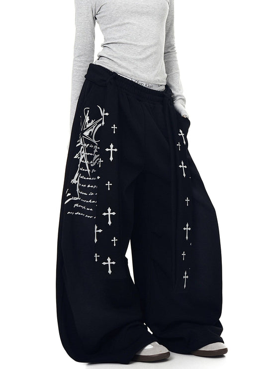 TALKLESSFASHION [Belt] Korean lazy style hip-hop letter cross printed women's winter fleece jazz dance scimitar pants