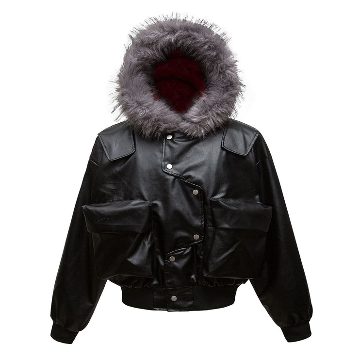 TALKLESSFASHION Big Fur Collar PU Leather Puffer
