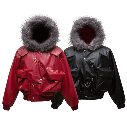 TALKLESSFASHION Big Fur Collar PU Leather Puffer