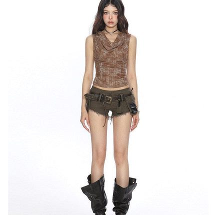 TALKLESSFASHION BIGGOLD American hot girl tie-dye swing collar pleated vest women's summer wasteland style waist slimming sleeveless top