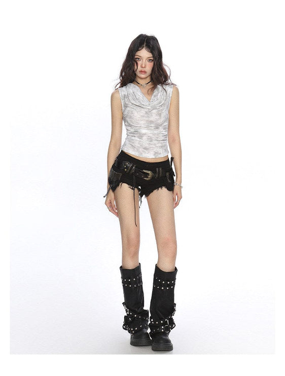 TALKLESSFASHION BIGGOLD American hot girl tie-dye swing collar pleated vest women's summer wasteland style waist slimming sleeveless top