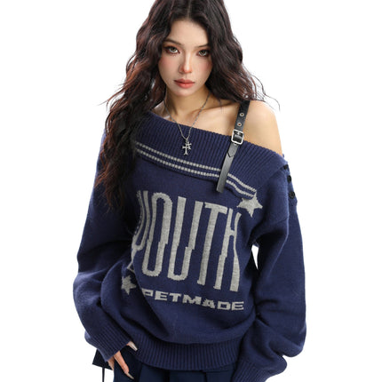 TALKLESSFASHION BIGGOLD American letter design slanted shoulder sweater women's autumn and winter thickened warm off-the-shoulder knit top trend