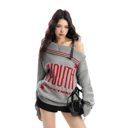 TALKLESSFASHION BIGGOLD American letter design slanted shoulder sweater women's autumn and winter thickened warm off-the-shoulder knit top trend