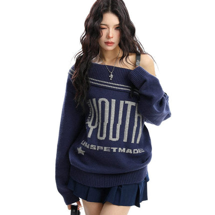 TALKLESSFASHION BIGGOLD American letter design slanted shoulder sweater women's autumn and winter thickened warm off-the-shoulder knit top trend