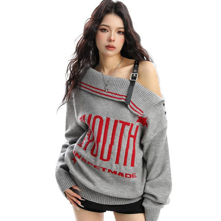 TALKLESSFASHION BIGGOLD American letter design slanted shoulder sweater women's autumn and winter thickened warm off-the-shoulder knit top trend