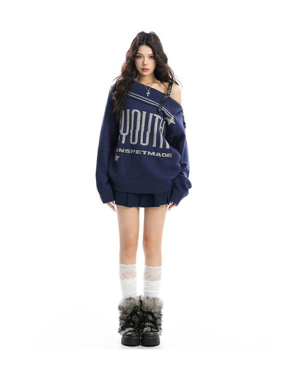 TALKLESSFASHION BIGGOLD American letter design slanted shoulder sweater women's autumn and winter thickened warm off-the-shoulder knit top trend