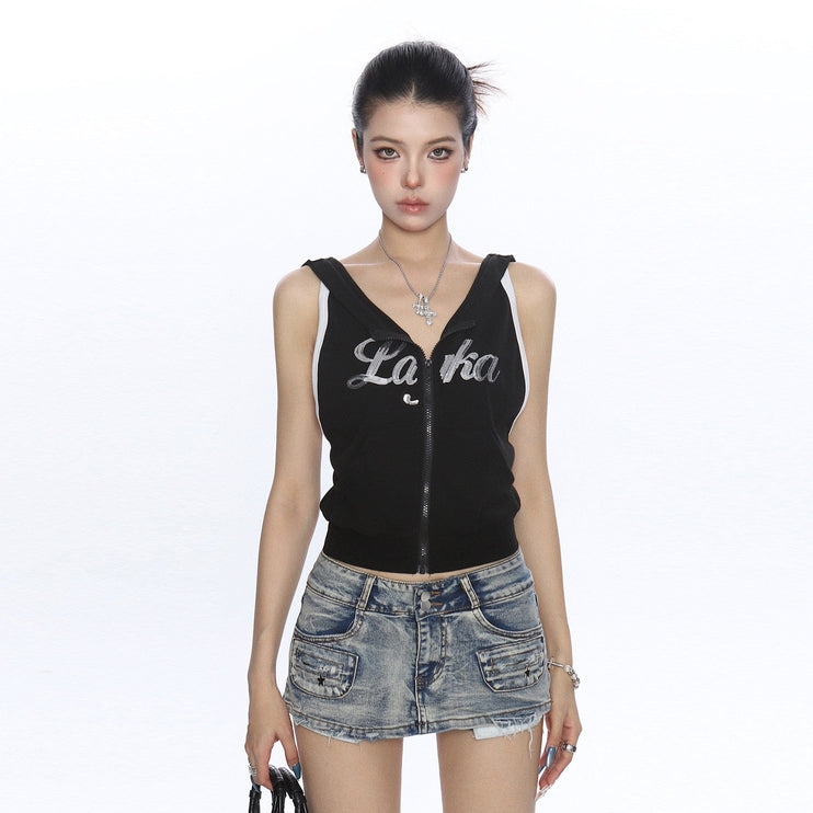 TALKLESSFASHION BIGGOLD American Spice Girl Sequins Sleeveless Hooded Vest Women's Summer Sexy Backless Slimming Sports Top Trend