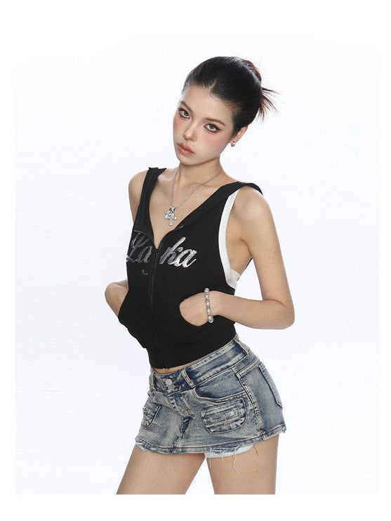 TALKLESSFASHION BIGGOLD American Spice Girl Sequins Sleeveless Hooded Vest Women's Summer Sexy Backless Slimming Sports Top Trend