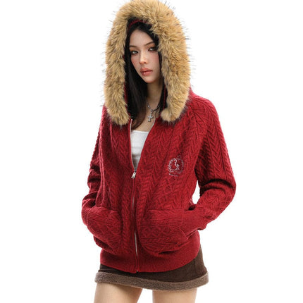 TALKLESSFASHION BIGGOLD Christmas and New Year fur collar hooded red sweater women's autumn and winter atmosphere warm knitted cardigan top