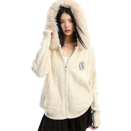 TALKLESSFASHION BIGGOLD Christmas and New Year fur collar hooded red sweater women's autumn and winter atmosphere warm knitted cardigan top