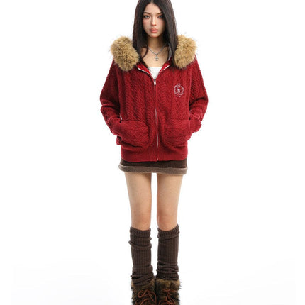 TALKLESSFASHION BIGGOLD Christmas and New Year fur collar hooded red sweater women's autumn and winter atmosphere warm knitted cardigan top