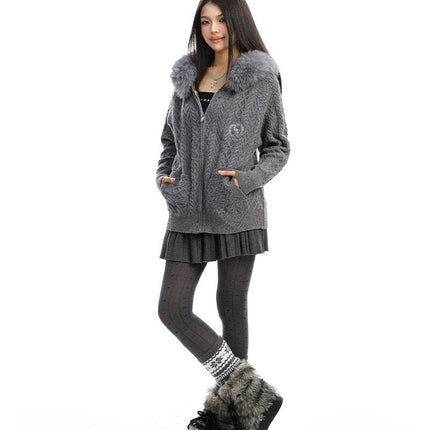 TALKLESSFASHION BIGGOLD Christmas and New Year fur collar hooded red sweater women's autumn and winter atmosphere warm knitted cardigan top