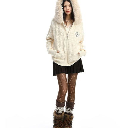 TALKLESSFASHION BIGGOLD Christmas and New Year fur collar hooded red sweater women's autumn and winter atmosphere warm knitted cardigan top