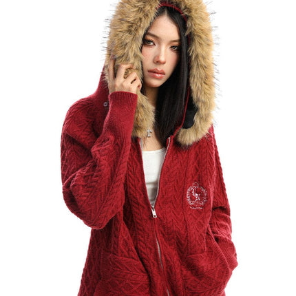 TALKLESSFASHION BIGGOLD Christmas and New Year fur collar hooded red sweater women's autumn and winter atmosphere warm knitted cardigan top