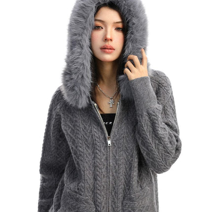 TALKLESSFASHION BIGGOLD Christmas and New Year fur collar hooded red sweater women's autumn and winter atmosphere warm knitted cardigan top