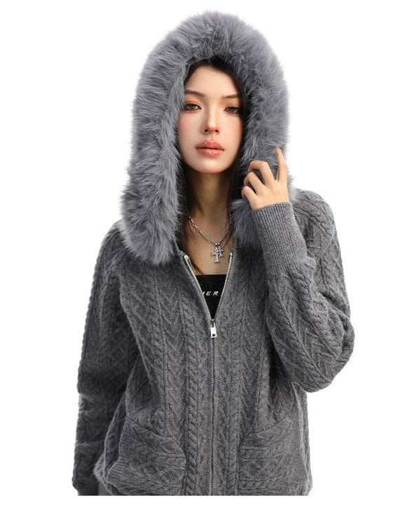 TALKLESSFASHION BIGGOLD Christmas and New Year fur collar hooded red sweater women's autumn and winter atmosphere warm knitted cardigan top