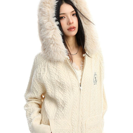 TALKLESSFASHION BIGGOLD Christmas and New Year fur collar hooded red sweater women's autumn and winter atmosphere warm knitted cardigan top